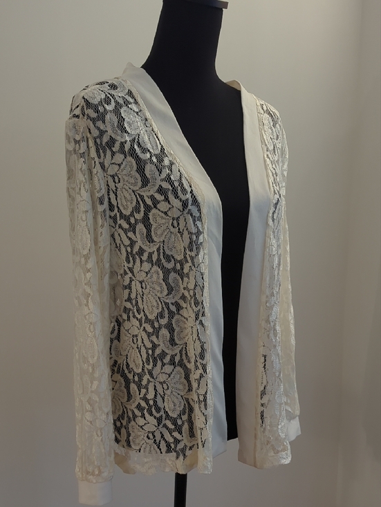 Vintage Jackets & Blazers - Vintage Romantic Off-White Lace Open-Front Jacket Cardigan with Satin Trim